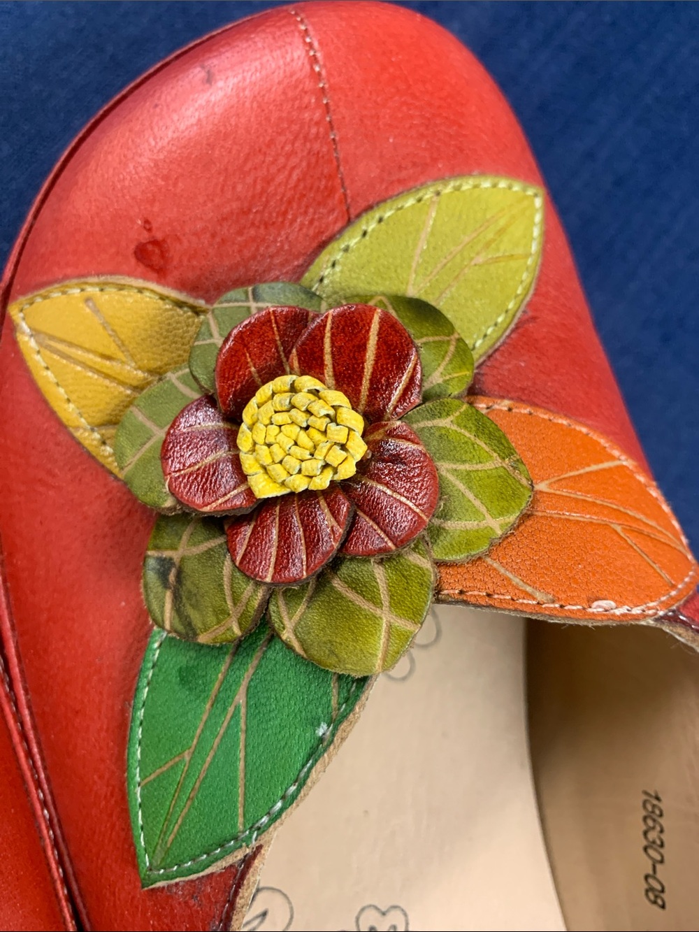 Via Veneto Red Leather Floral Appliqué Mules - Picture 8 of 11